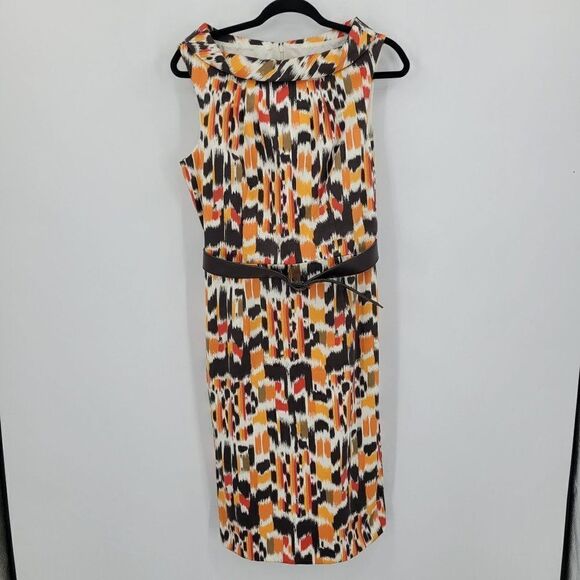 Vintage 90s Sleeveless Boatneck Sheath Dress 10 Orange Brown Abstract Mod USA - Picture 4 of 13